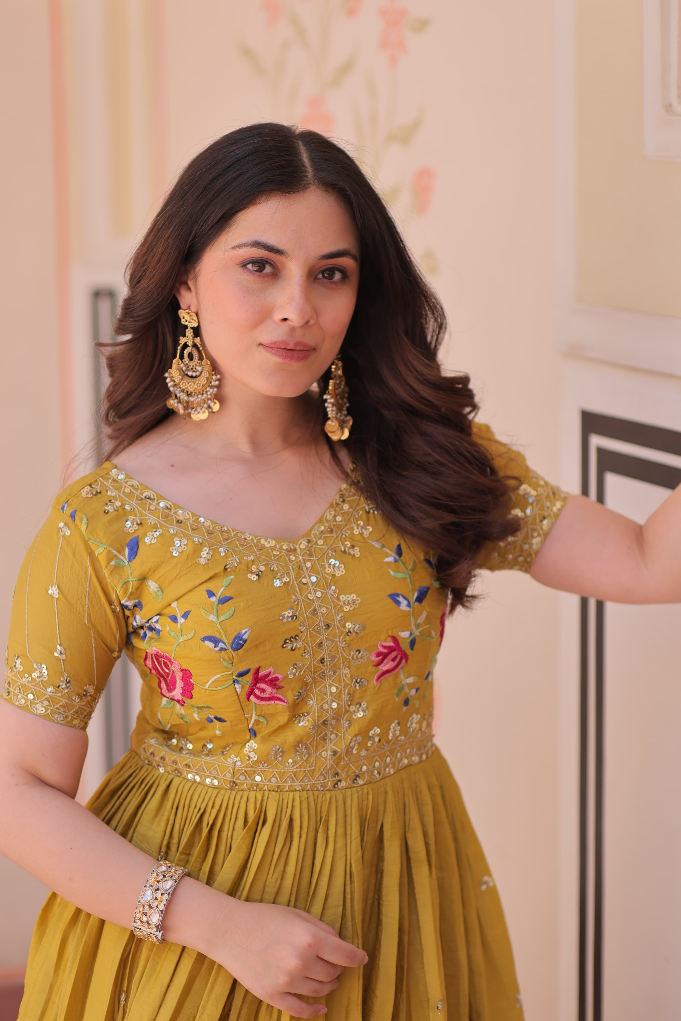 Prazu Fashion Yellow Gold Crush With Multi Thread Embroidery Gown