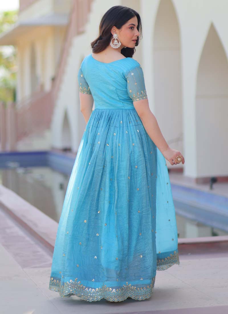 Prazu Fashion Sky Blue Silk Embroidered Designer Gown