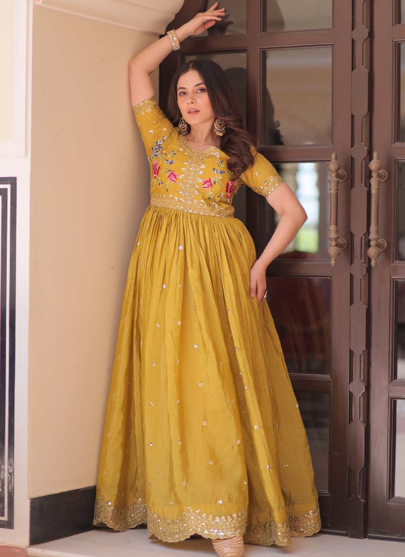 Yellow Silk Embroidered Designer Gown with Gold Crush