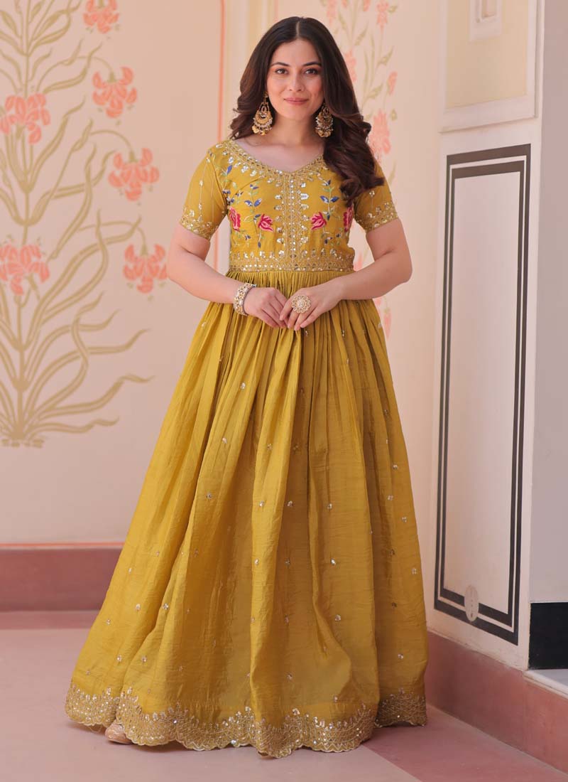 Yellow Silk Embroidered Designer Gown with Gold Crush