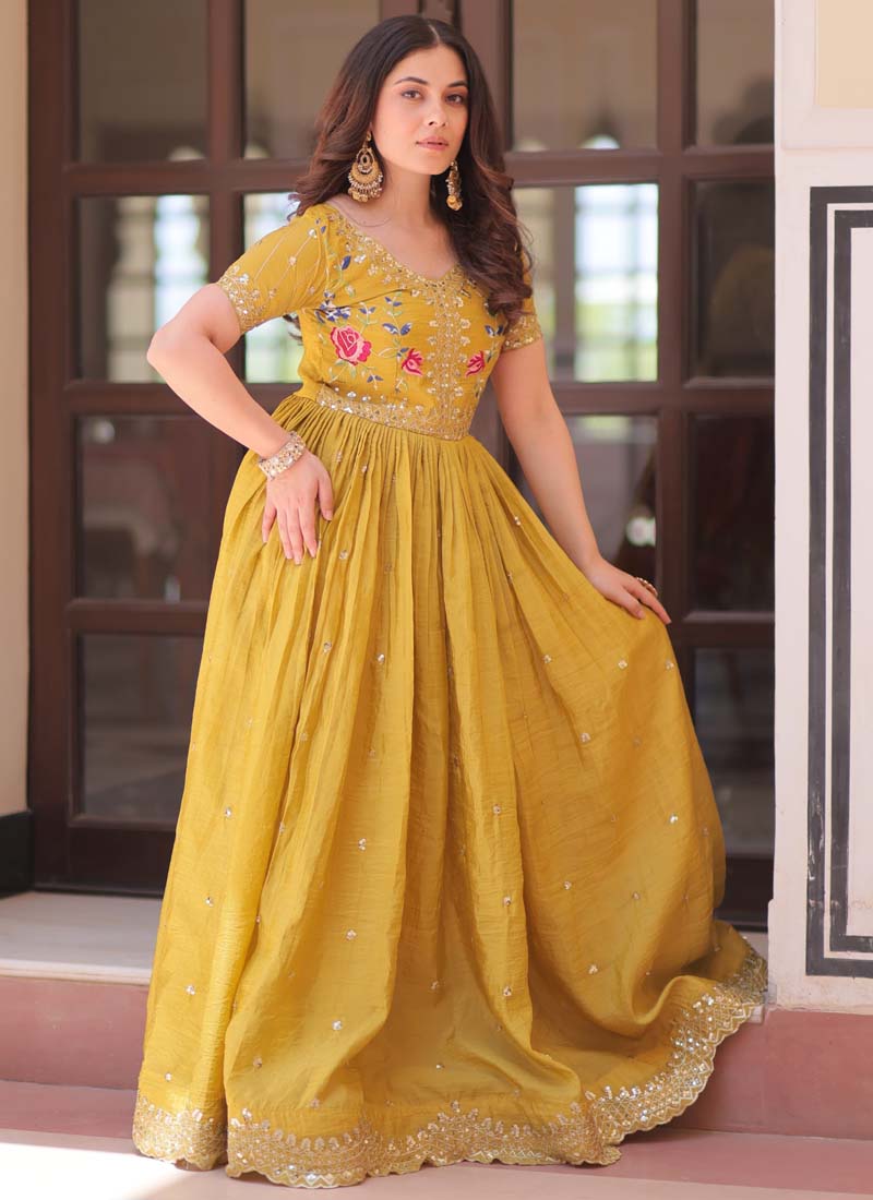 Yellow Silk Embroidered Designer Gown with Gold Crush