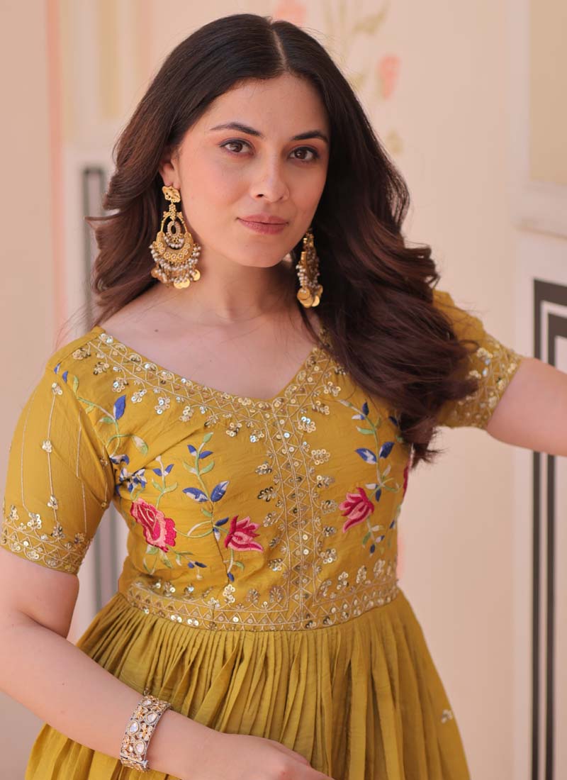 Yellow Silk Embroidered Designer Gown with Gold Crush