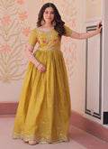 Yellow silk designer gown with multi-thread embroidery and gold crush texture