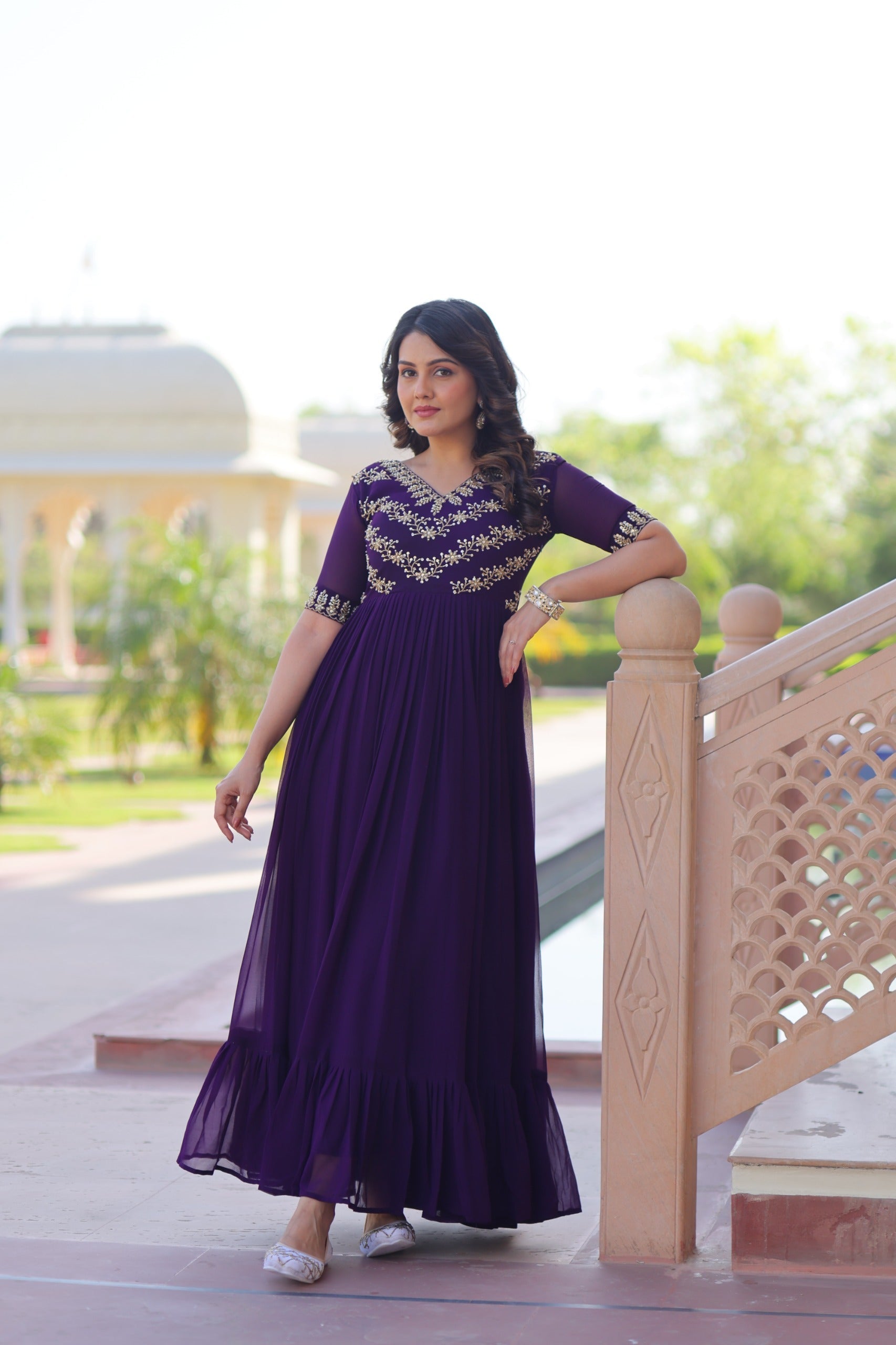 Prazu Fashion Purple Georgette Multithreaded Beads Embroidered Gown