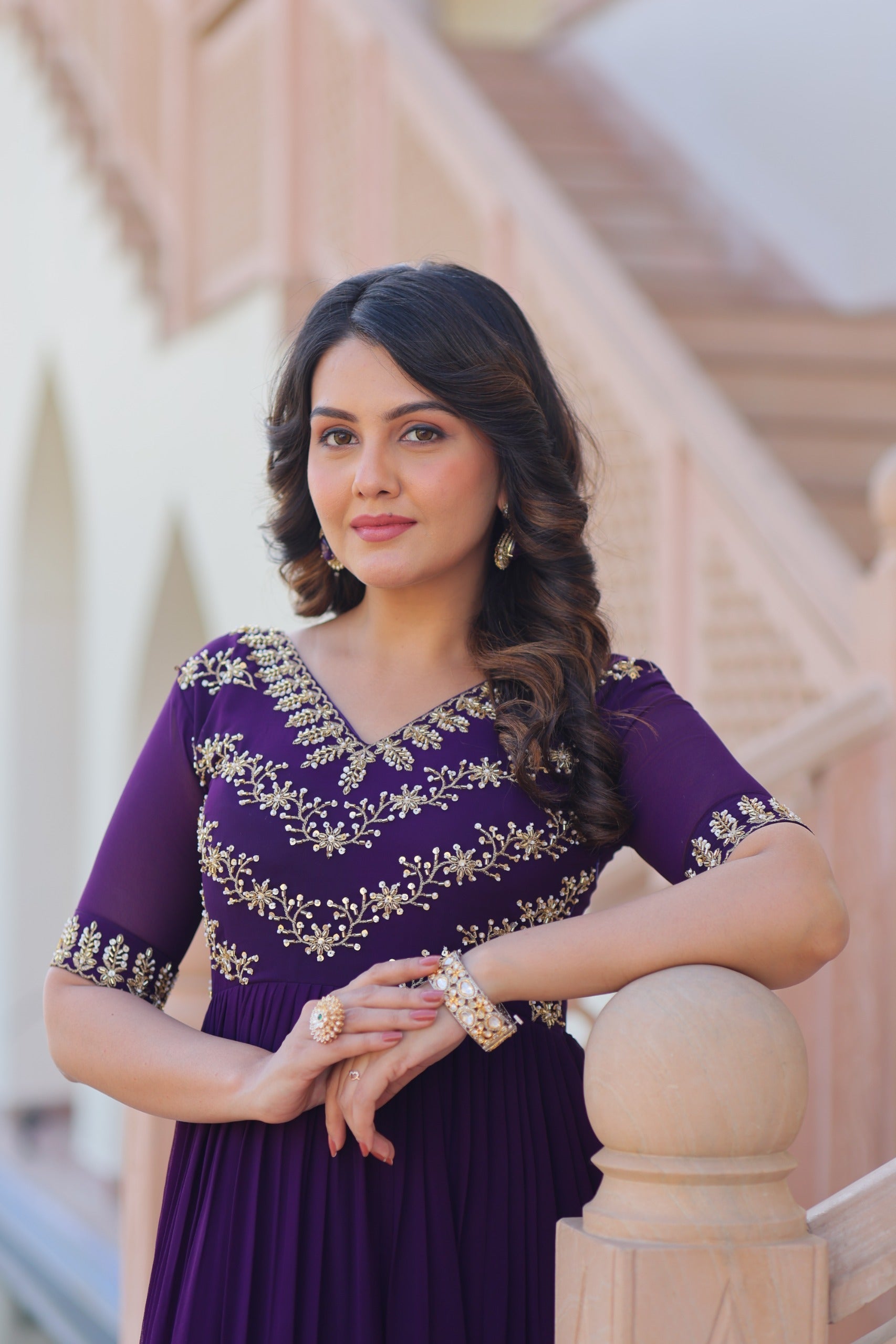 Prazu Fashion Purple Georgette Multithreaded Beads Embroidered Gown