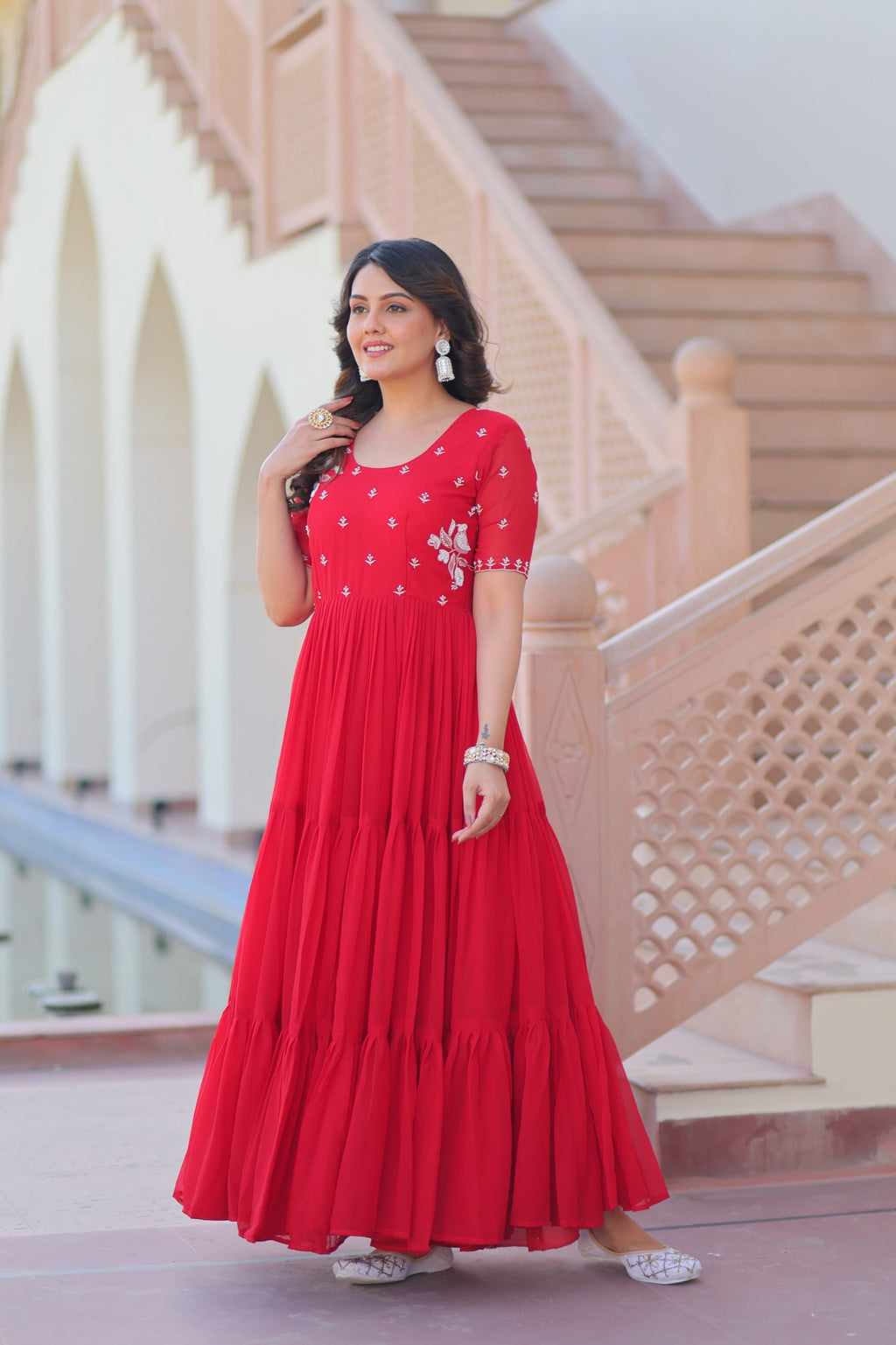 Red Georgette Beads Embroidered Designer Gown
