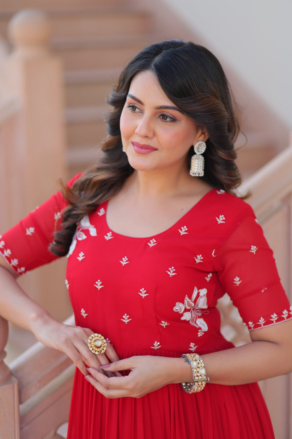 Red Georgette Beads Embroidered Designer Gown