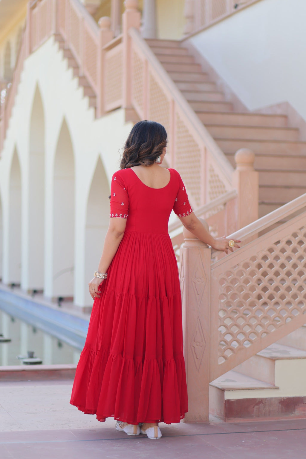 Red Georgette Beads Embroidered Designer Gown