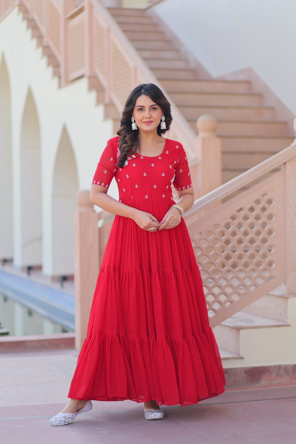 Red faux georgette designer gown with intricate bead embroidery work