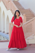 Red faux georgette designer gown with intricate bead embroidery work