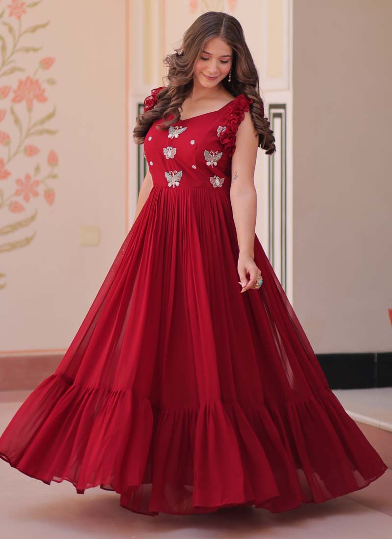Maroon Georgette Embroidered Designer Gown for Formal Occasions