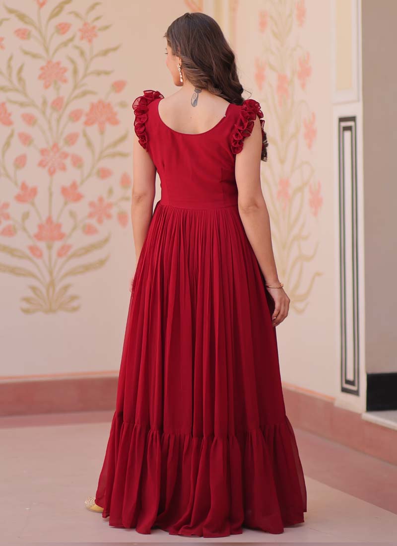 Maroon Georgette Embroidered Designer Gown for Formal Occasions