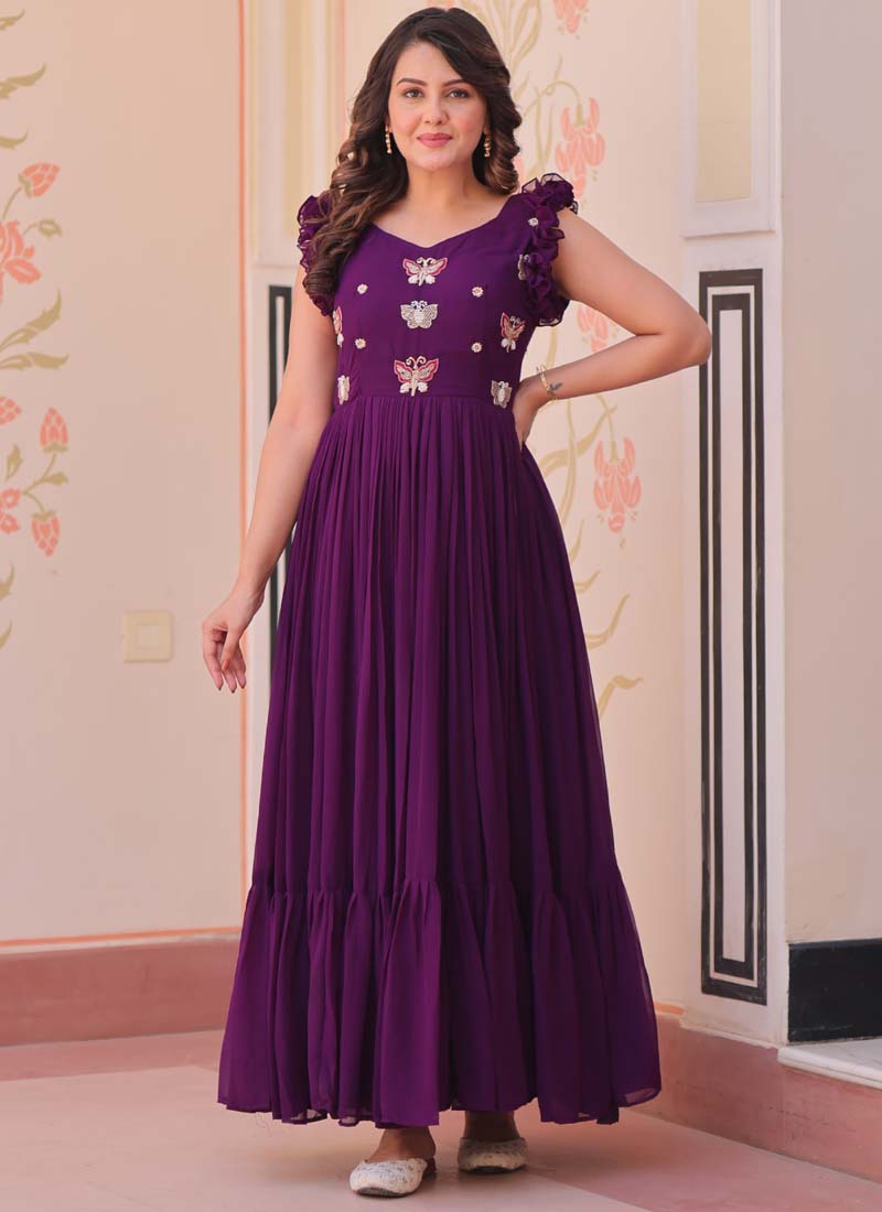Purple Georgette Embroidered Designer Gown for Formal Events