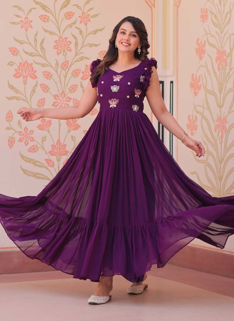 Purple Georgette Embroidered Designer Gown for Formal Events
