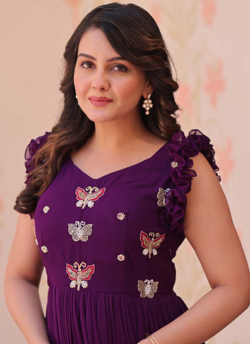 Purple Georgette Embroidered Designer Gown for Formal Events