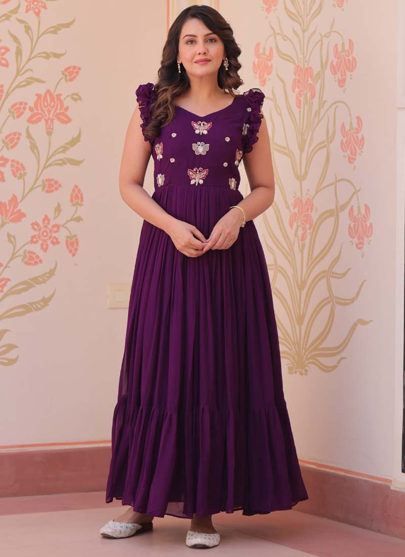 Elegant purple georgette designer gown with intricate embroidery for formal occasions