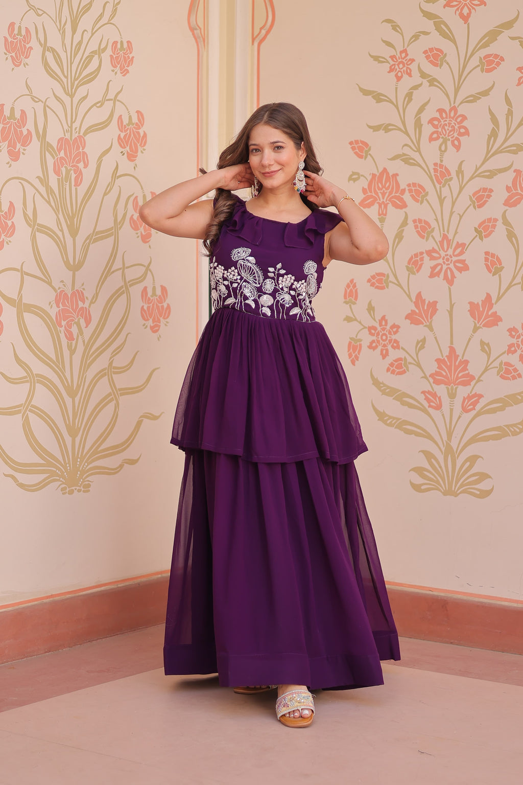 Purple Georgette Embroidered Designer Gown for Party Wear