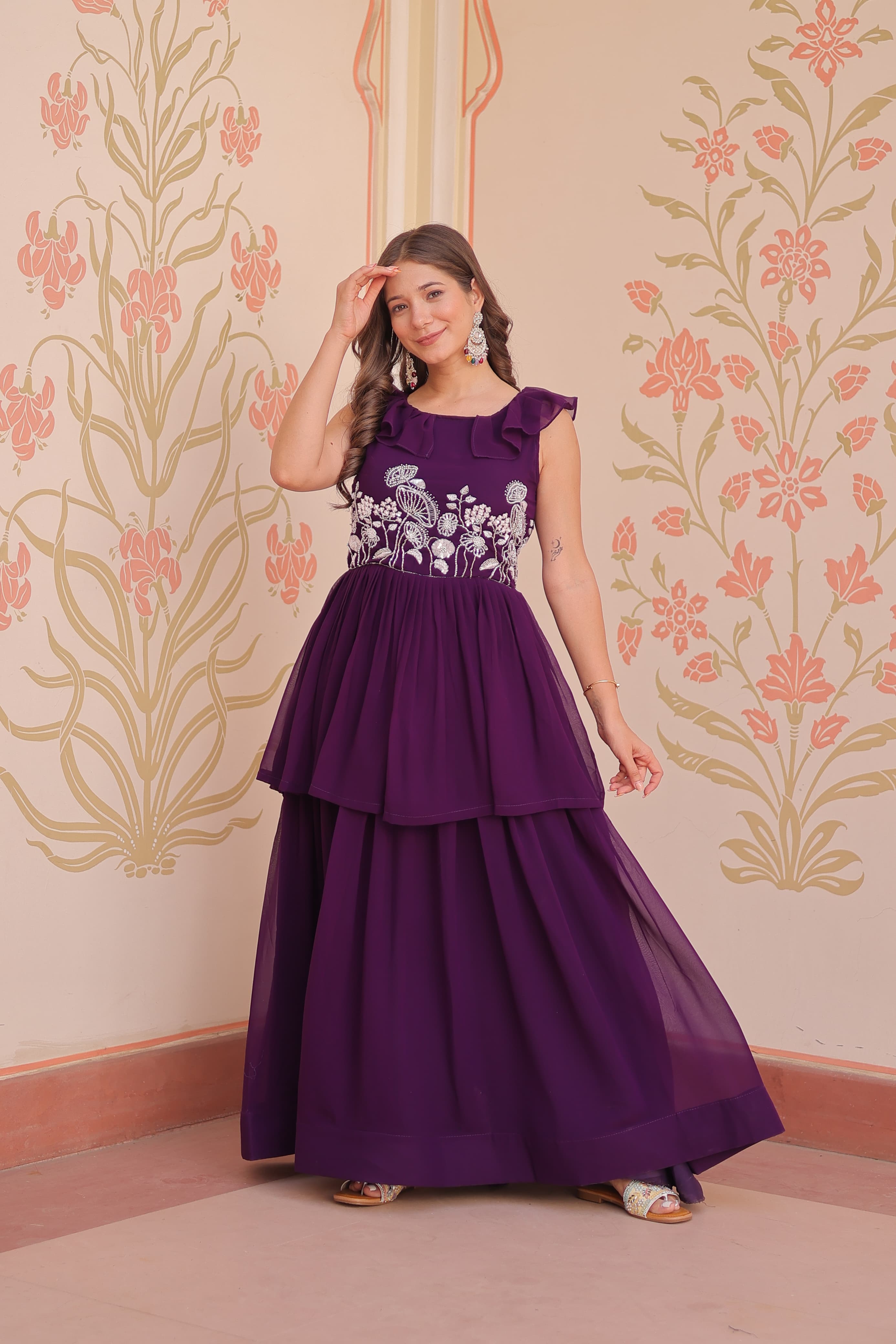 Purple Georgette Embroidered Designer Gown for Party Wear