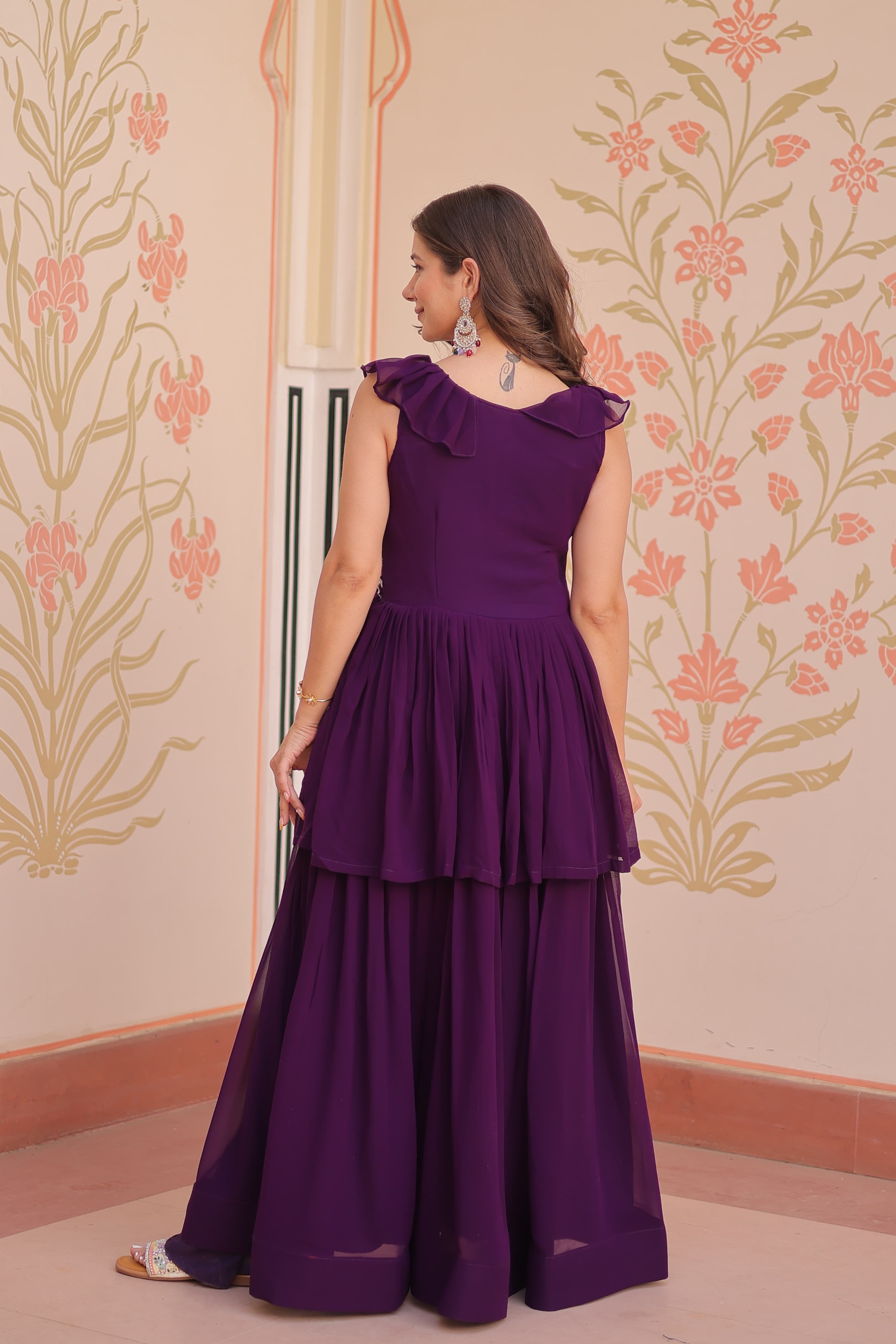 Purple Georgette Embroidered Designer Gown for Party Wear