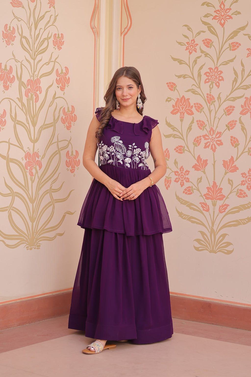 Sophisticated purple georgette designer gown with detailed embroidery