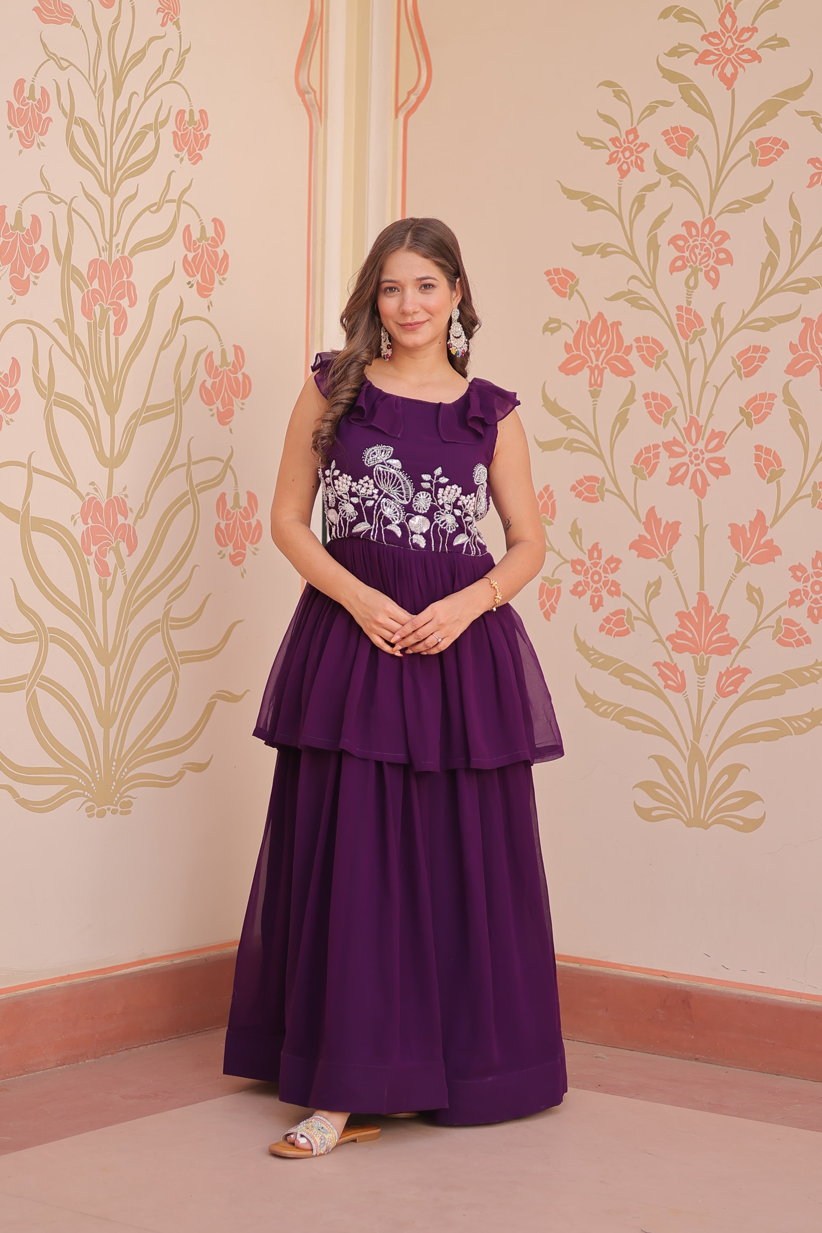 Sophisticated purple georgette designer gown with detailed embroidery