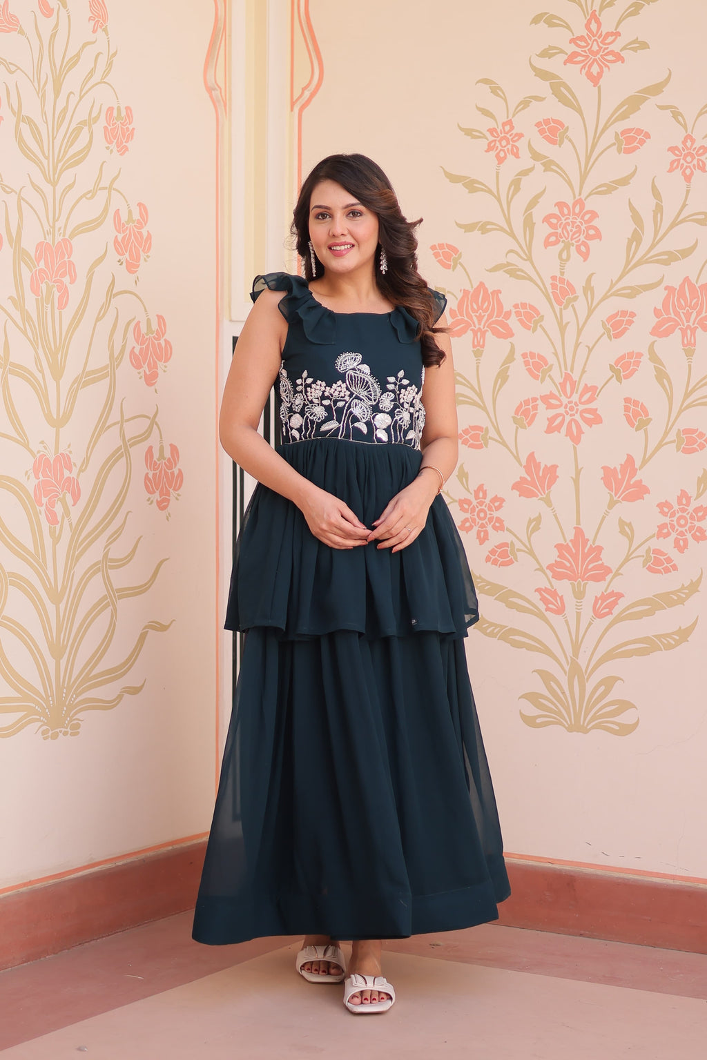 Rama color designer gown in georgette fabric with intricate bead embroidery
