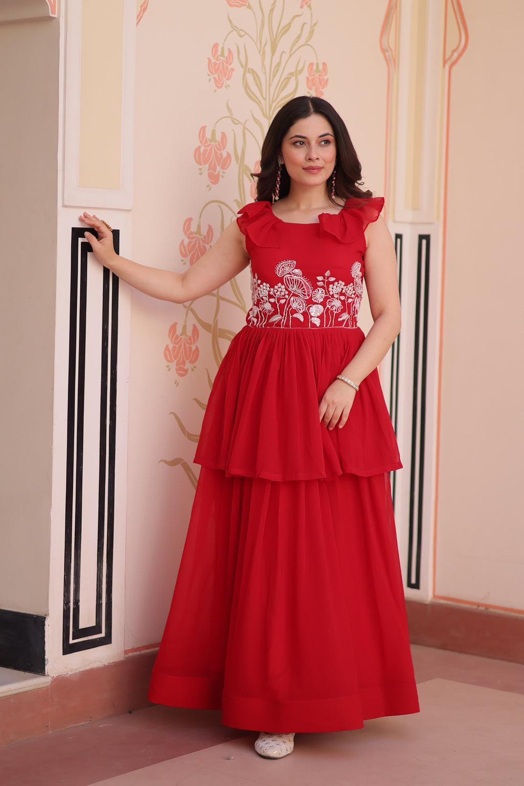 Red Georgette Embroidered Designer Gown with Bead Work