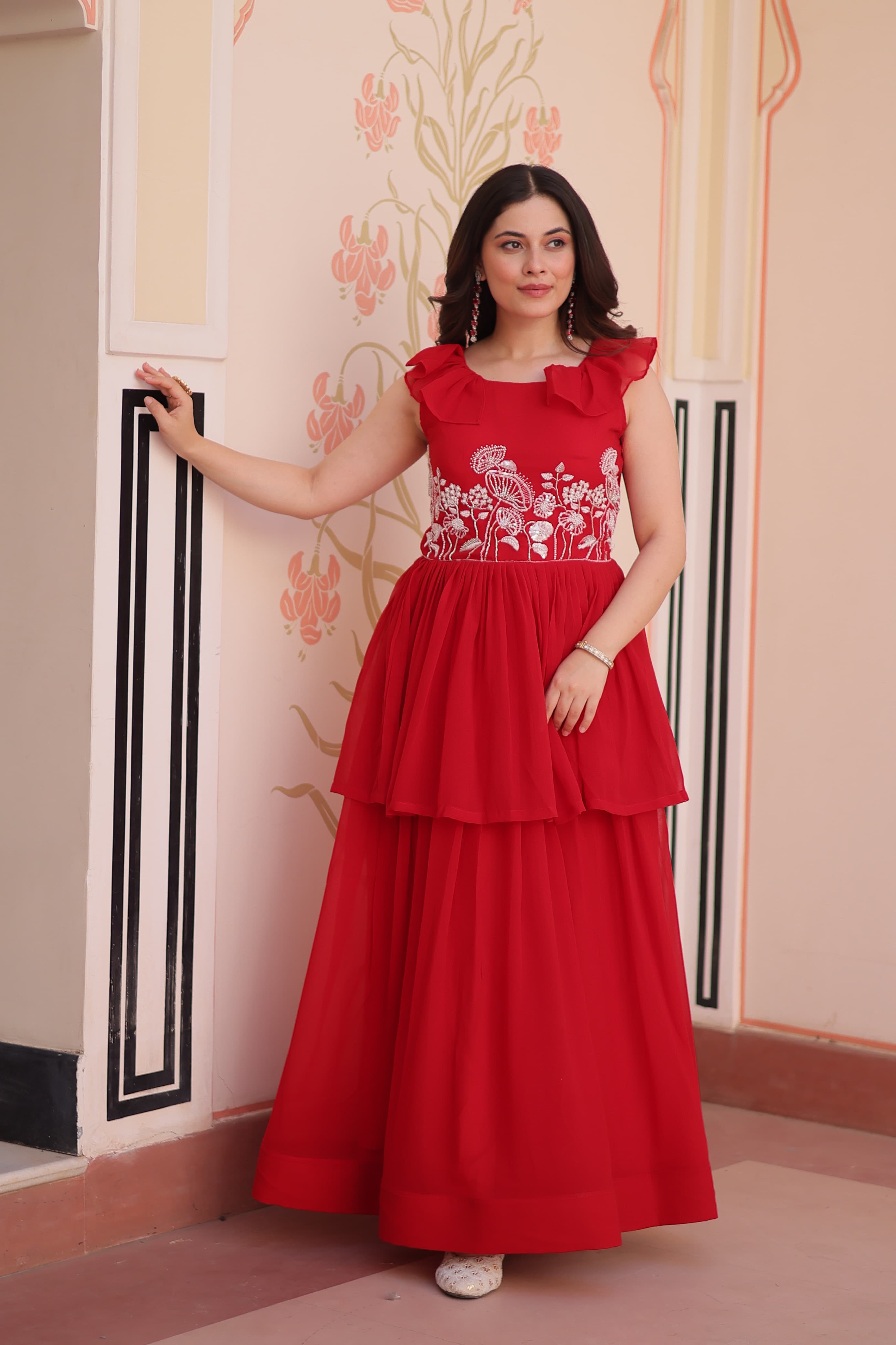 Red Georgette Embroidered Designer Gown with Bead Work