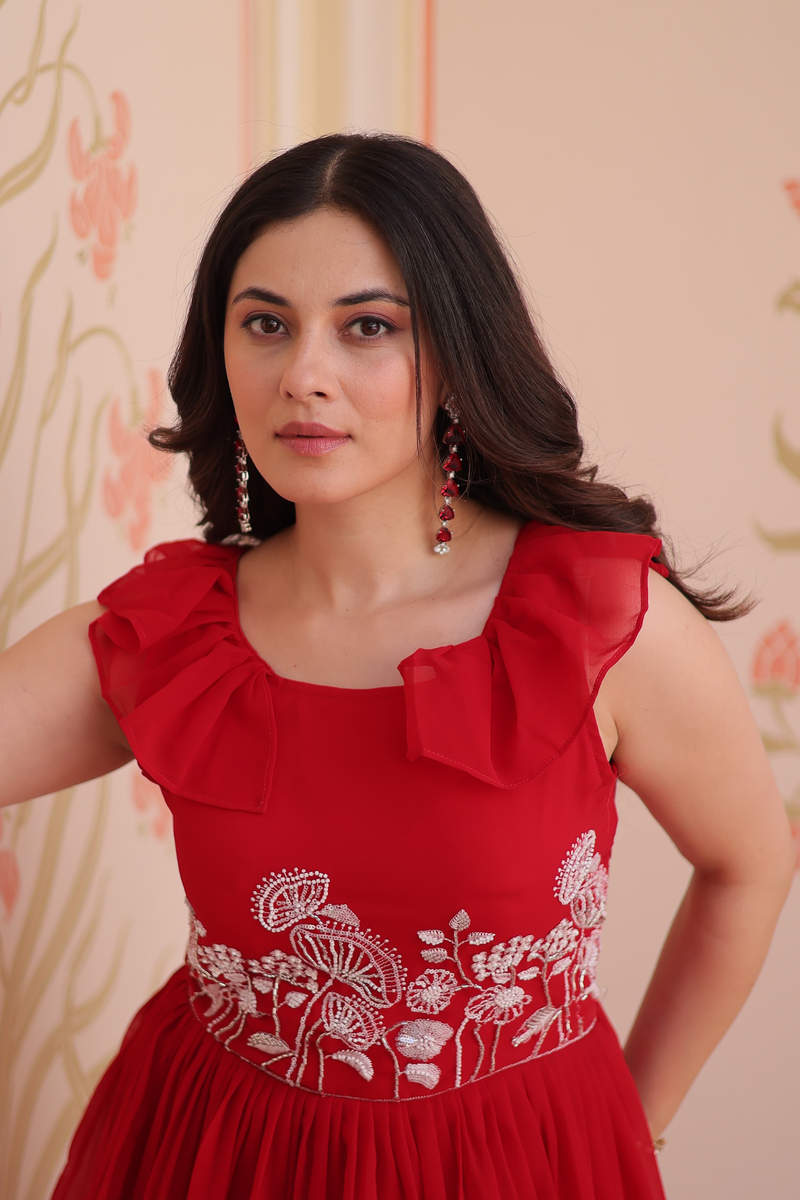 Red Georgette Embroidered Designer Gown with Bead Work