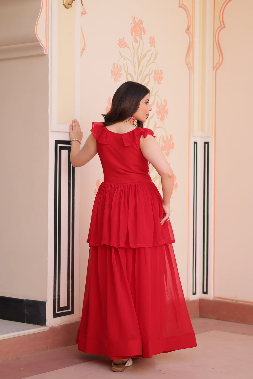 Red Georgette Embroidered Designer Gown with Bead Work