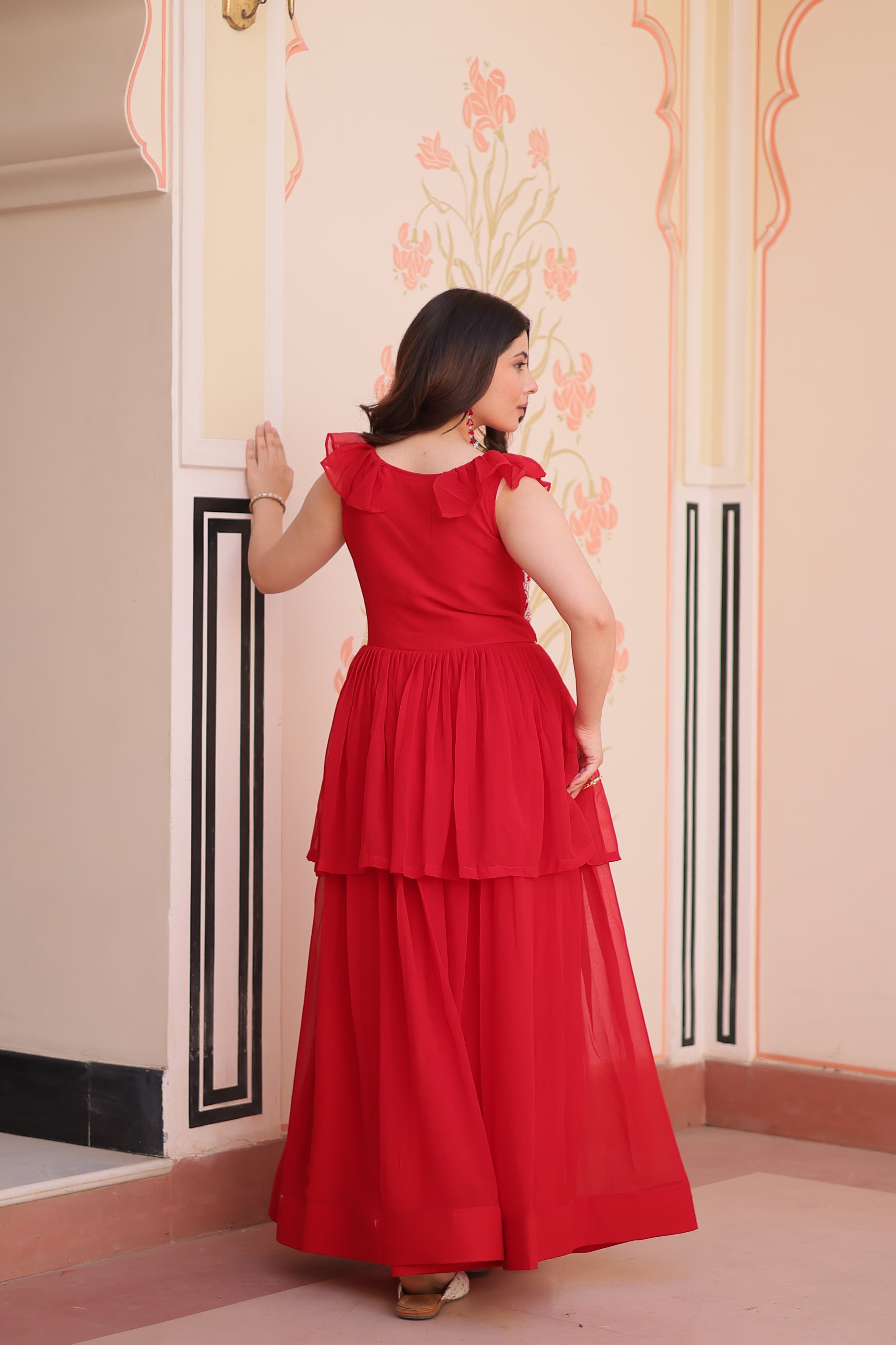 Red Georgette Embroidered Designer Gown with Bead Work