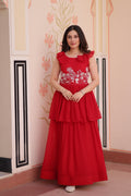 Red designer georgette gown with elaborate bead embroidery and elegant fit