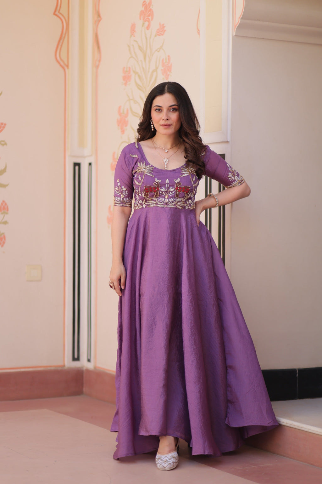 Lavender gown featuring gold crush texture and beaded embroidery detail