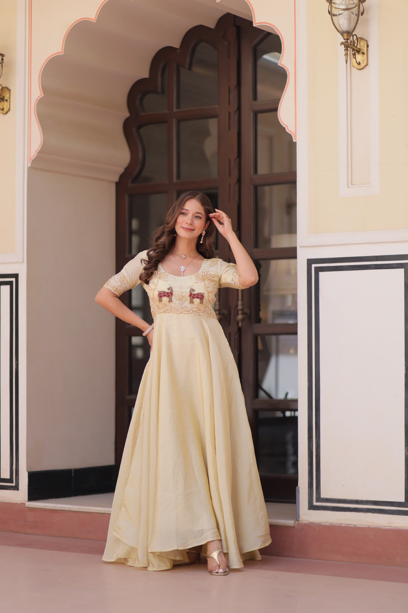 Off White Gold Crush Gown with Beaded Embroidery