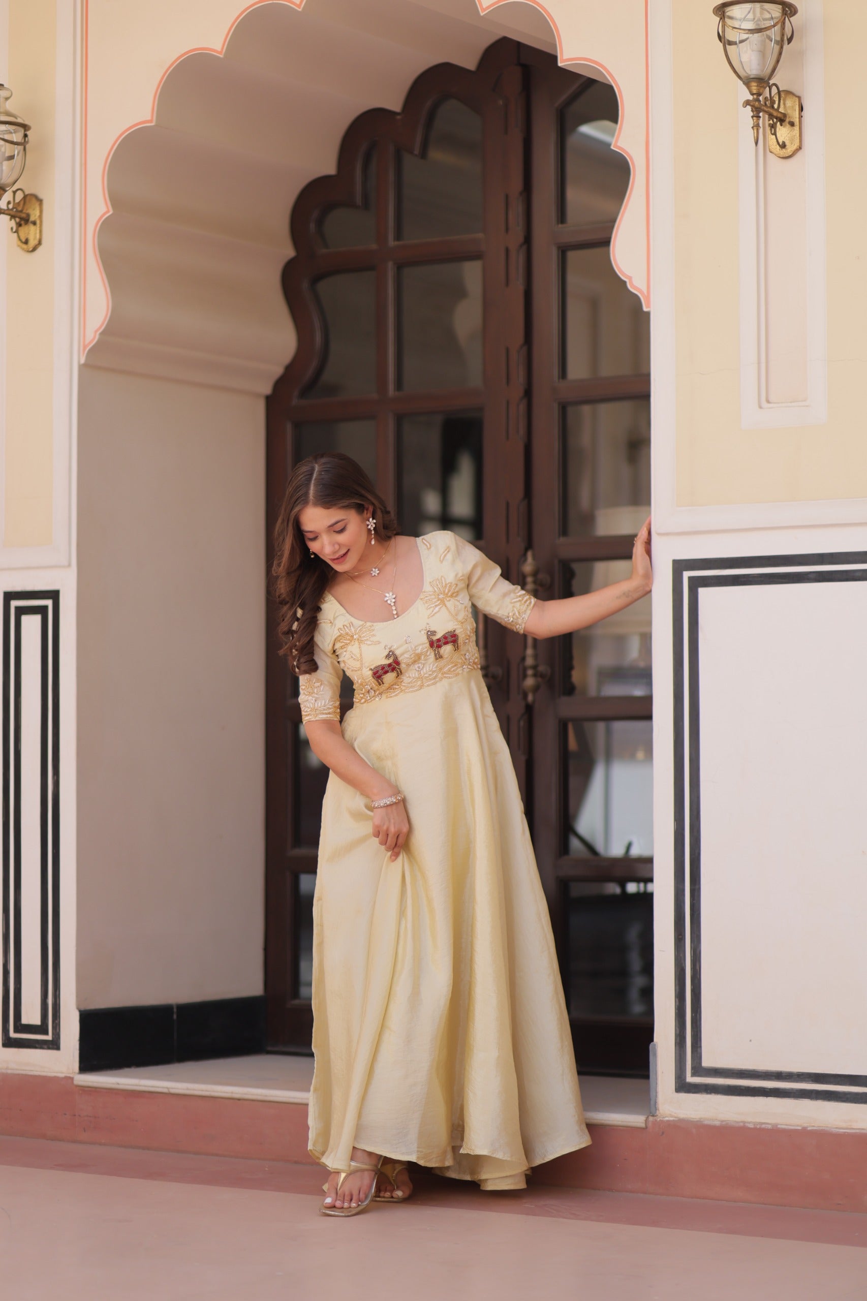 Off White Gold Crush Gown with Beaded Embroidery