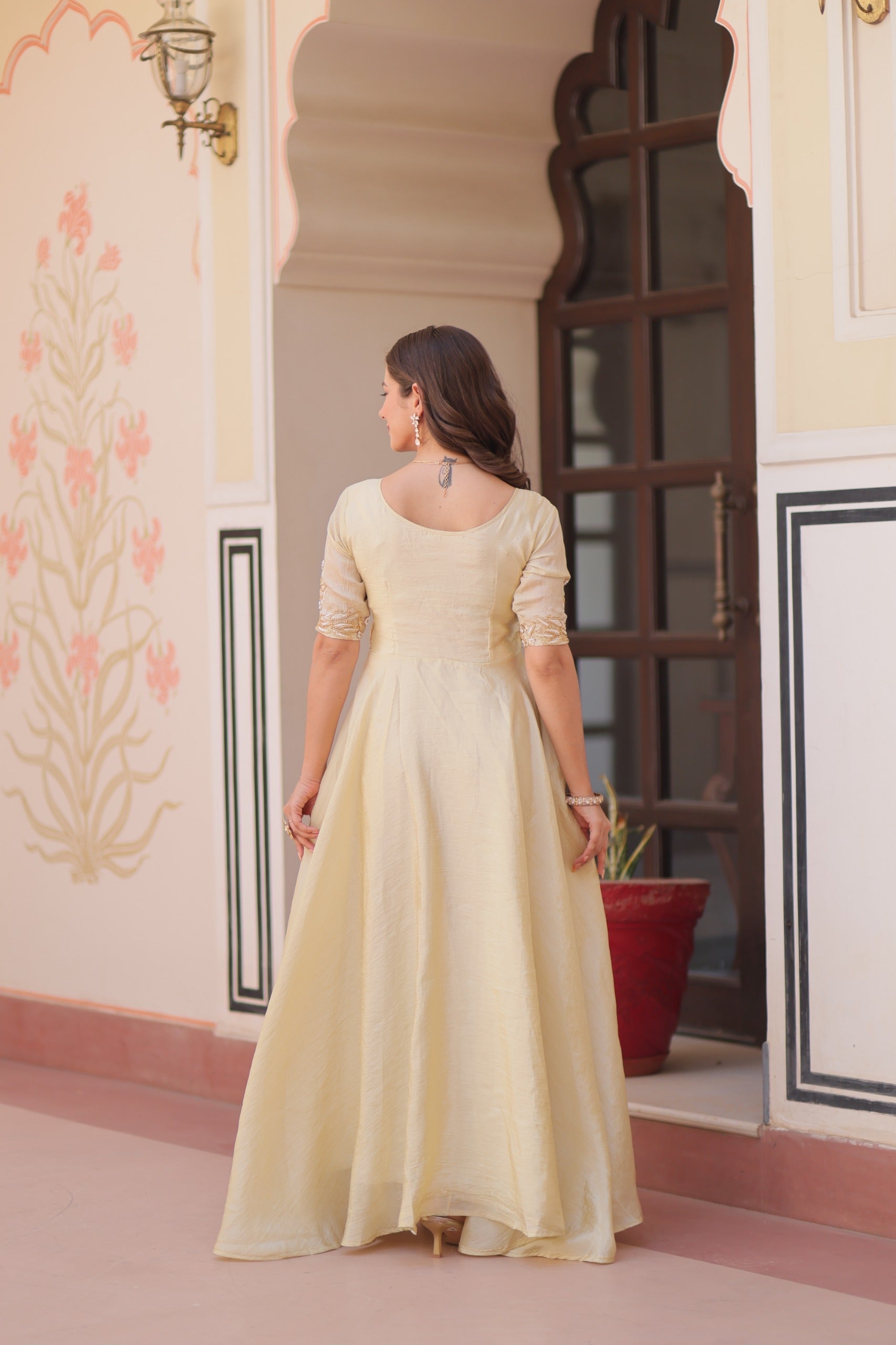Off White Gold Crush Gown with Beaded Embroidery