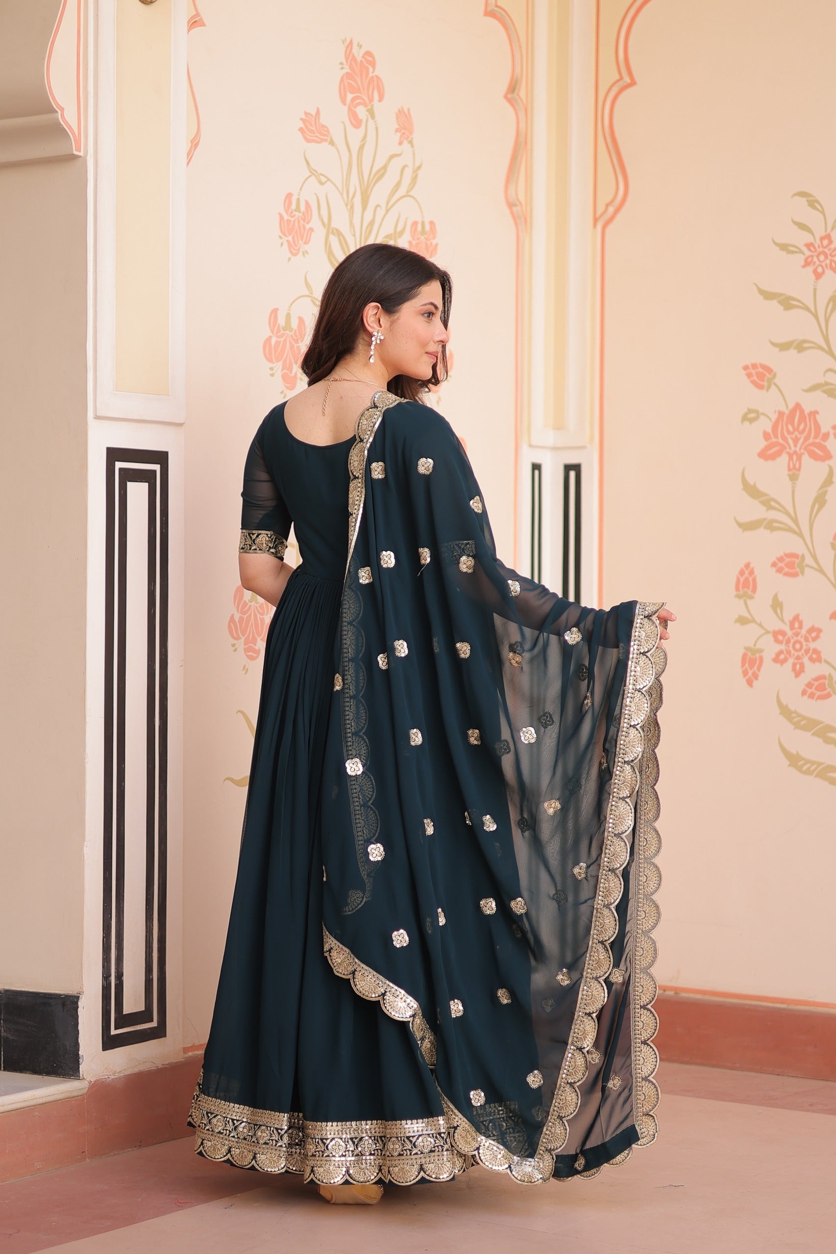 Prazu Fashion Rama Georgette Embroidered Gown With Dupatta