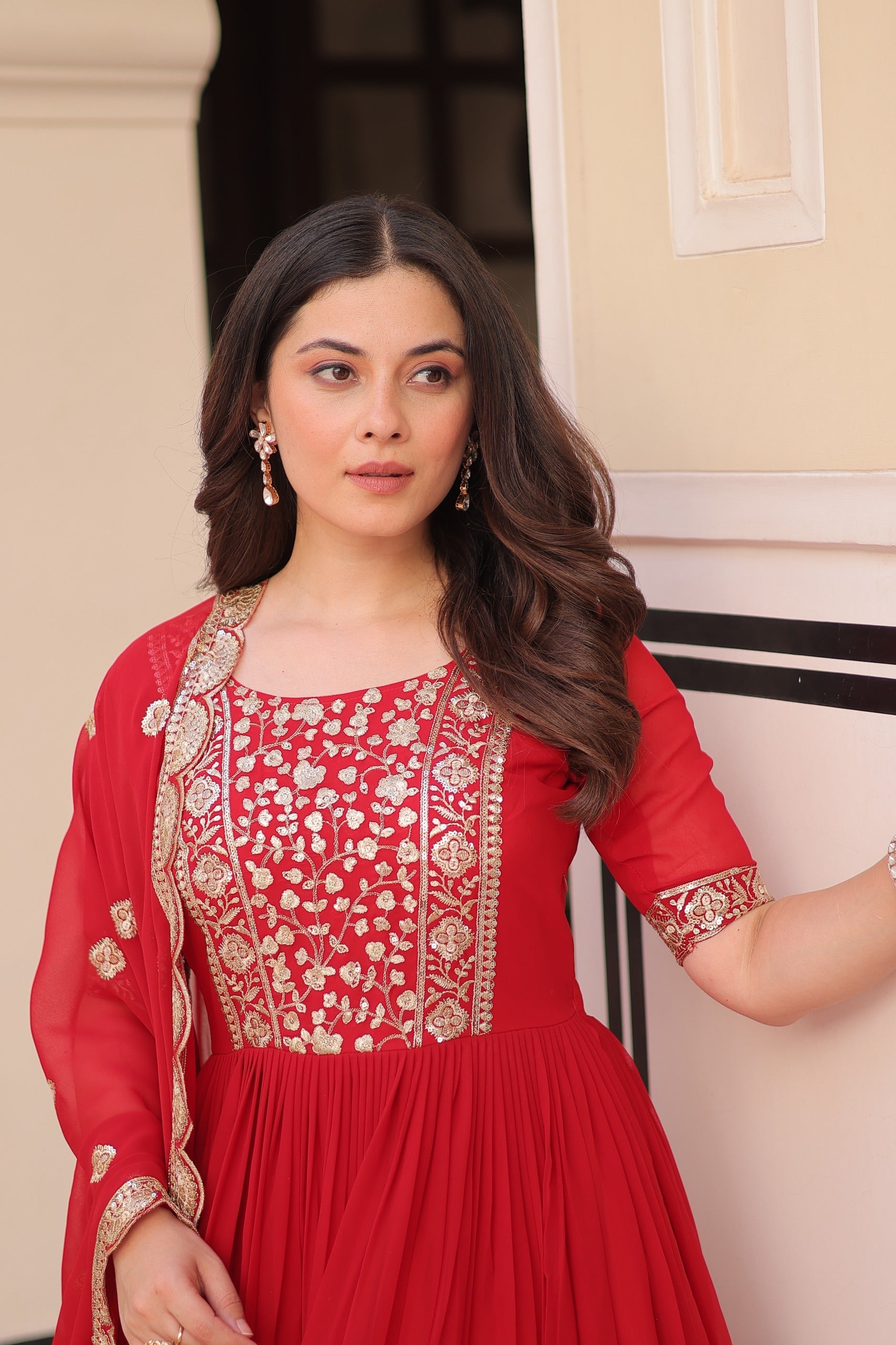 Prazu Fashion Red Georgette Embroidered Gown With Dupatta
