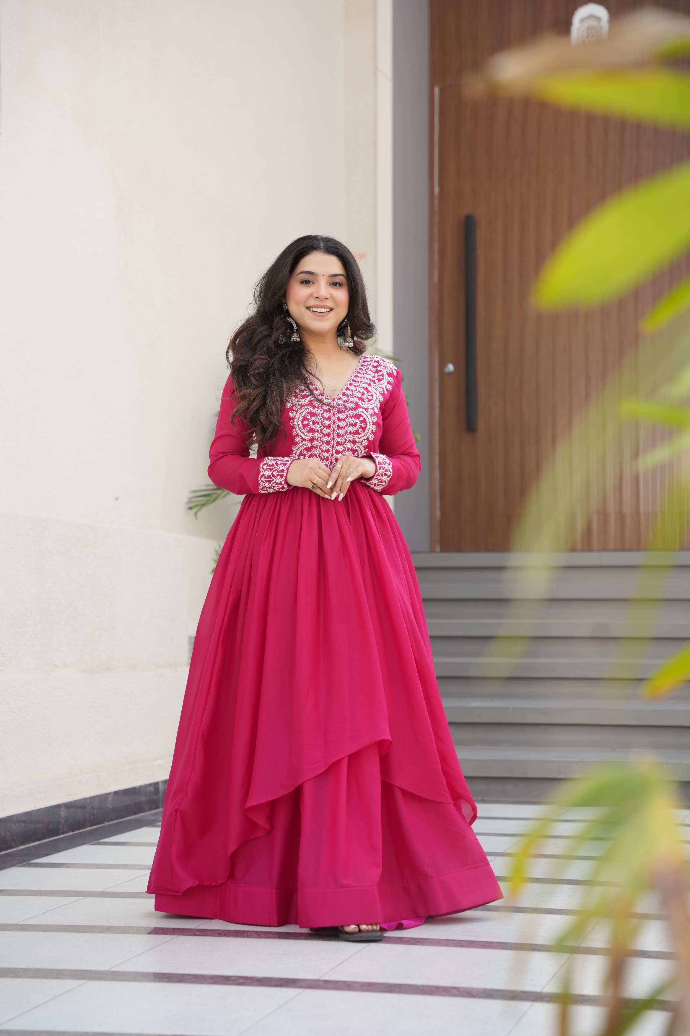 Elegant pink star georgette gown with bead and sequin embroidered embellishments