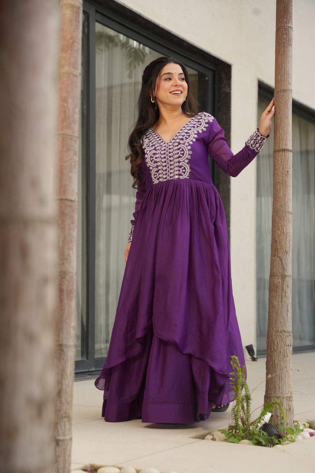 Purple Georgette Designer Gown with Embroidered Beads and Sequins