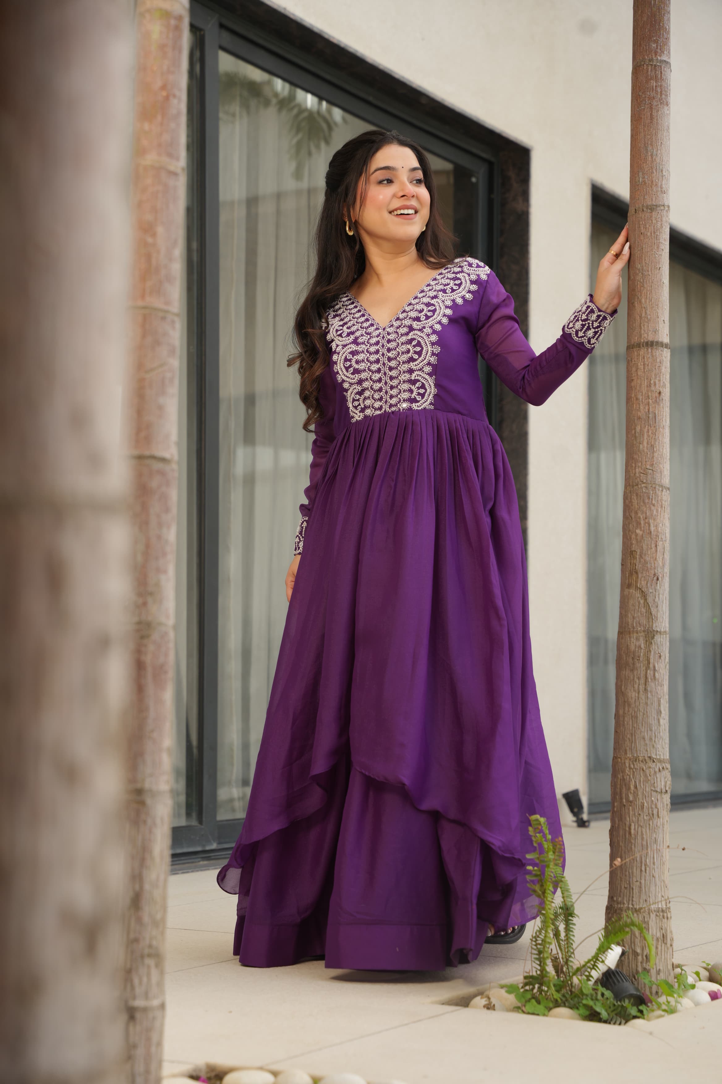 Purple Georgette Designer Gown with Embroidered Beads and Sequins
