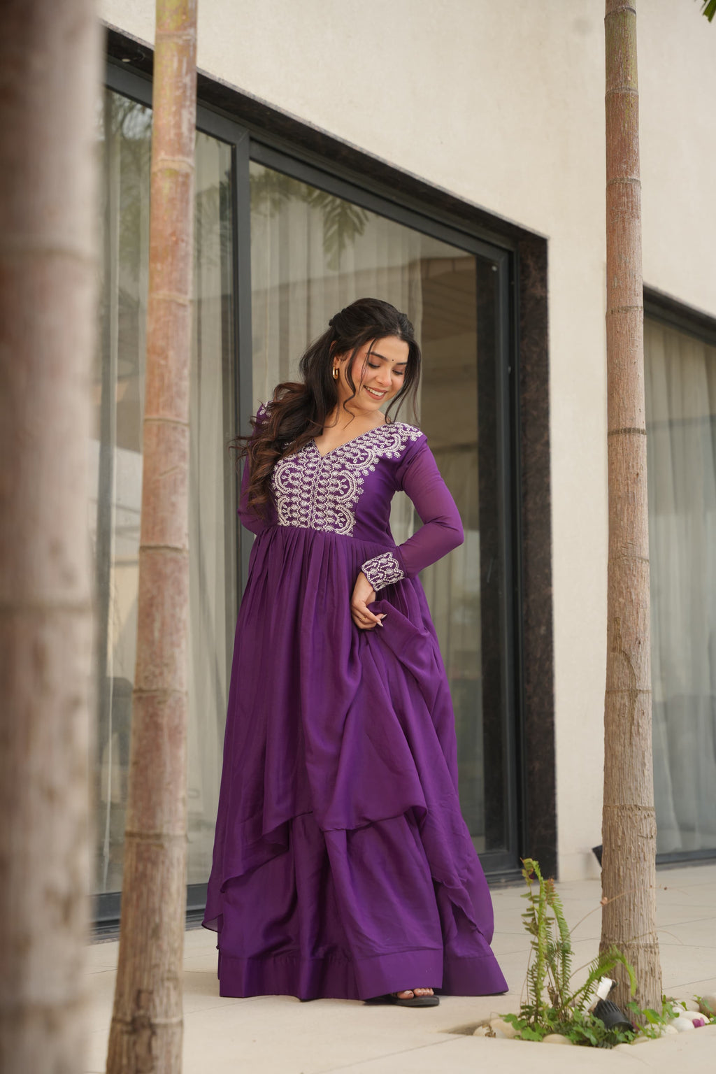 Purple Georgette Designer Gown with Embroidered Beads and Sequins