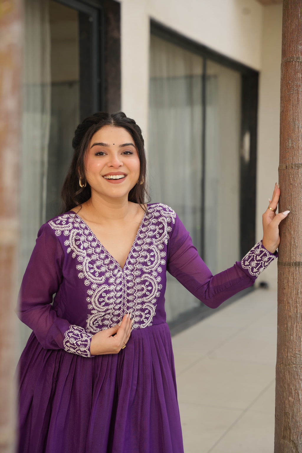 Purple Georgette Designer Gown with Embroidered Beads and Sequins