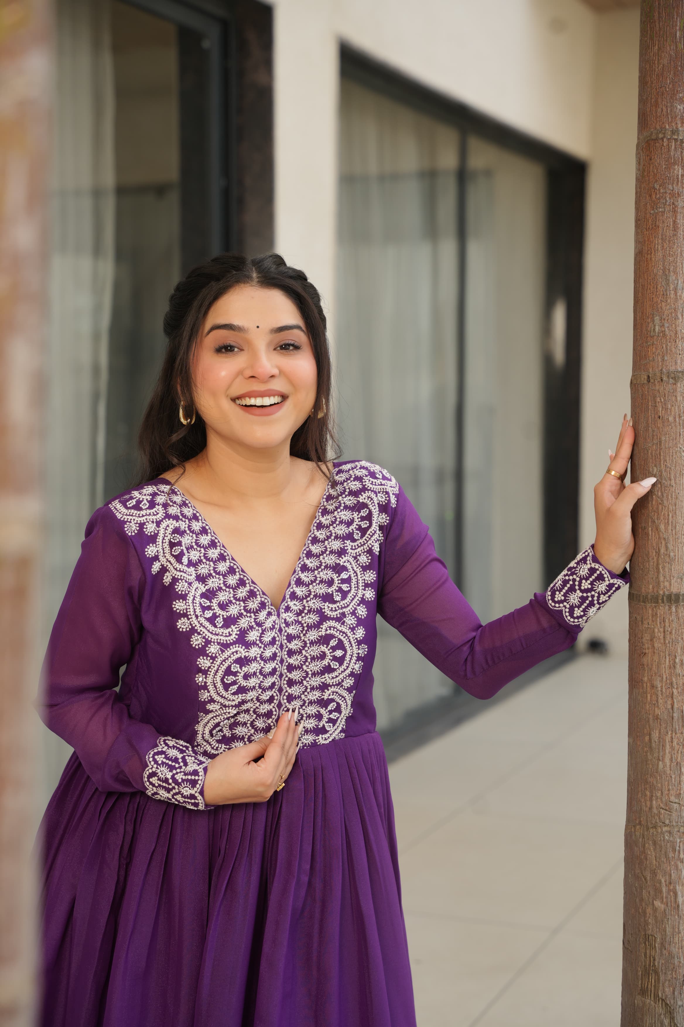 Purple Georgette Designer Gown with Embroidered Beads and Sequins