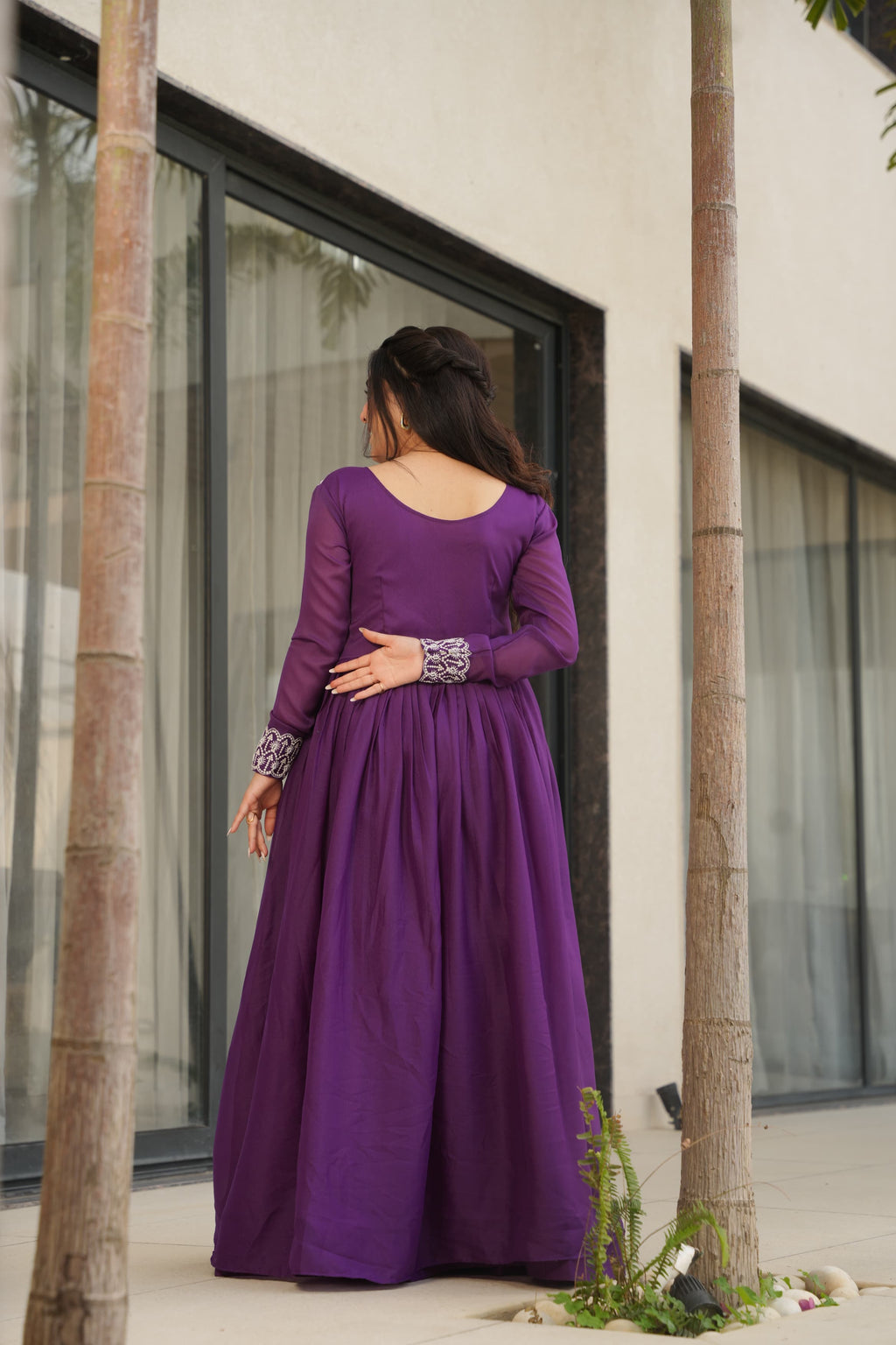 Purple Georgette Designer Gown with Embroidered Beads and Sequins
