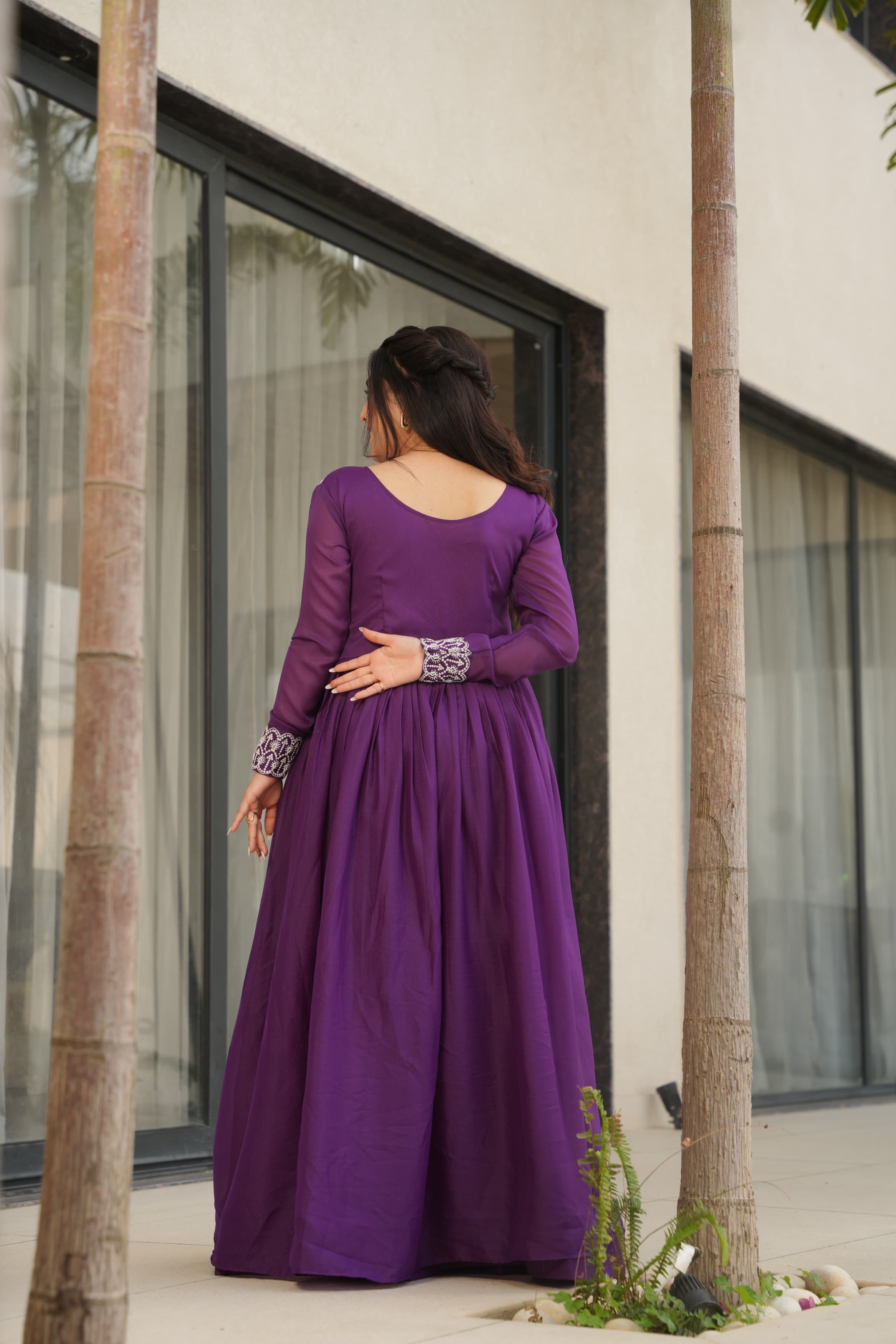 Purple Georgette Designer Gown with Embroidered Beads and Sequins