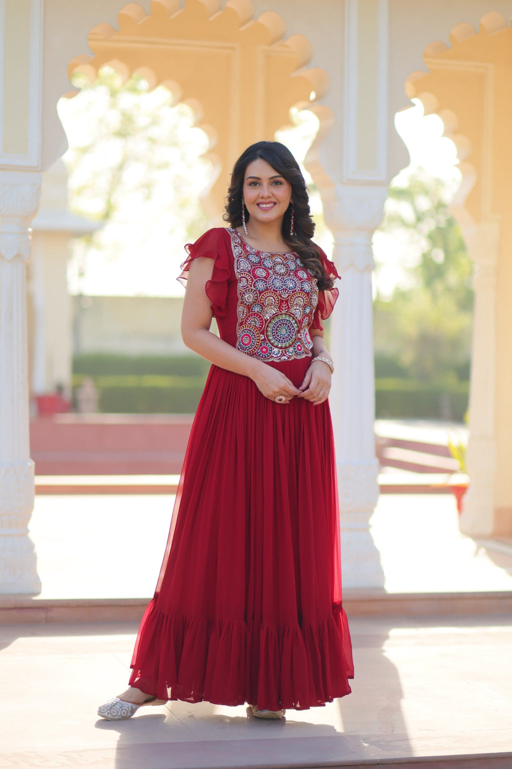Maroon Georgette Gown with Beads and Sequins Embroidery