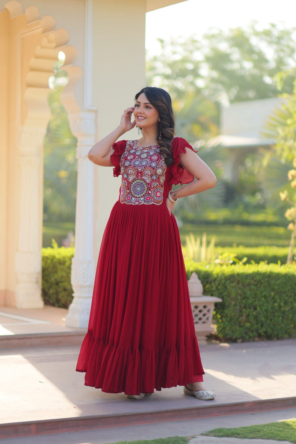 Maroon Georgette Gown with Beads and Sequins Embroidery