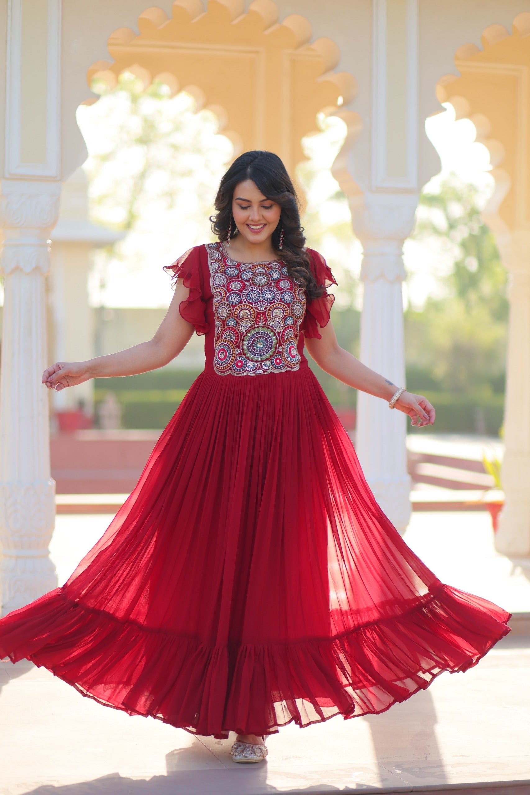 Maroon Georgette Gown with Beads and Sequins Embroidery