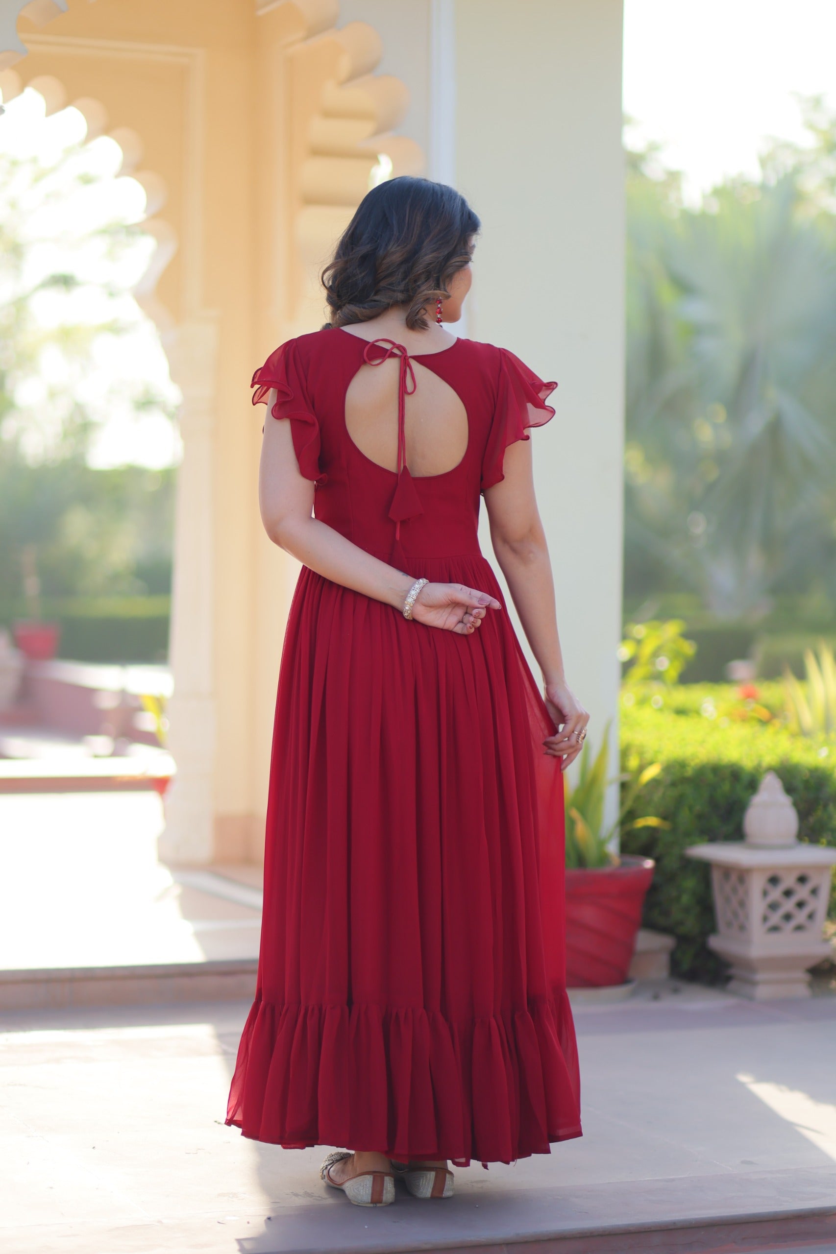 Maroon Georgette Gown with Beads and Sequins Embroidery